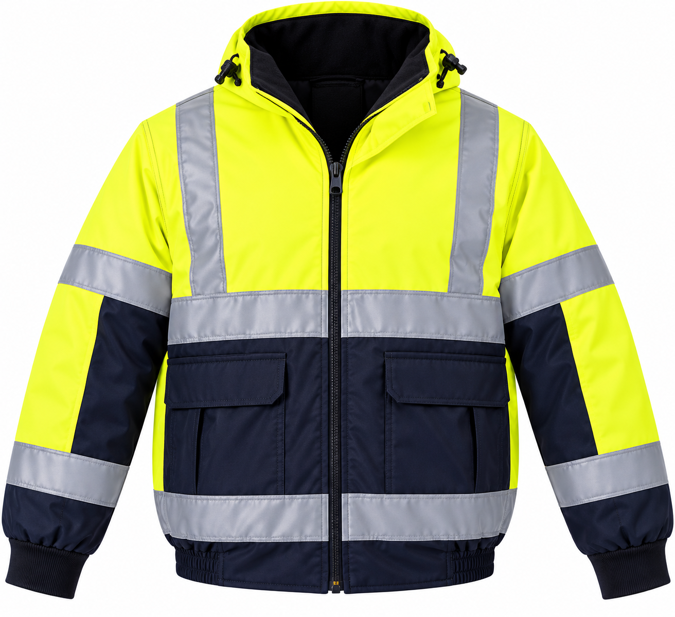 Veste de Sécurité Haute Visibilité Jaune Fluo & Marine avec Capuche